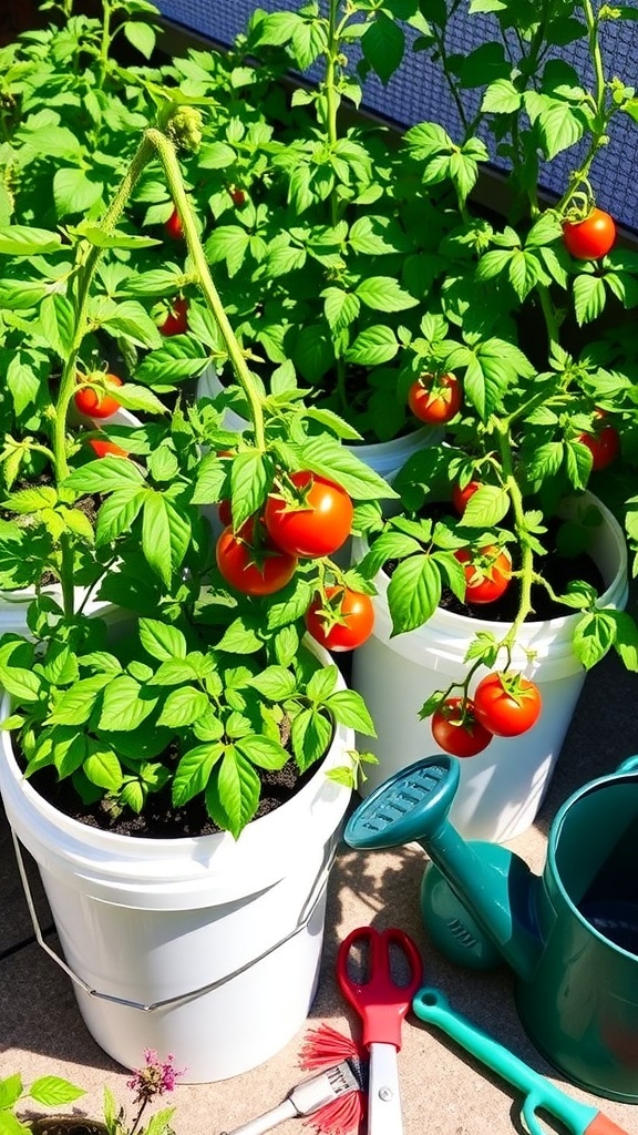 Growing Tomatoes in 5 Gallon Buckets 5-gallon buckets with thriving tomato plants on a sunny patio, ready for harvest.